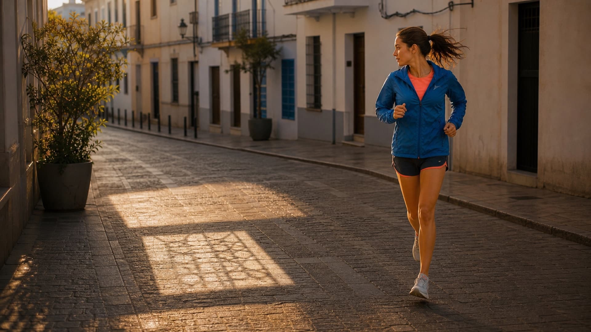 A runner notices a frame of sunlight on a quiet city street